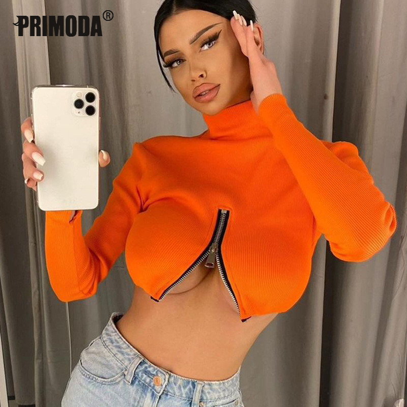 Knit Neon Orange Turtleneck Streetwear Crop Top Women Sexy Club Tops Long Sleeve Female Lime Short TShirts Fashion PR325M 220328