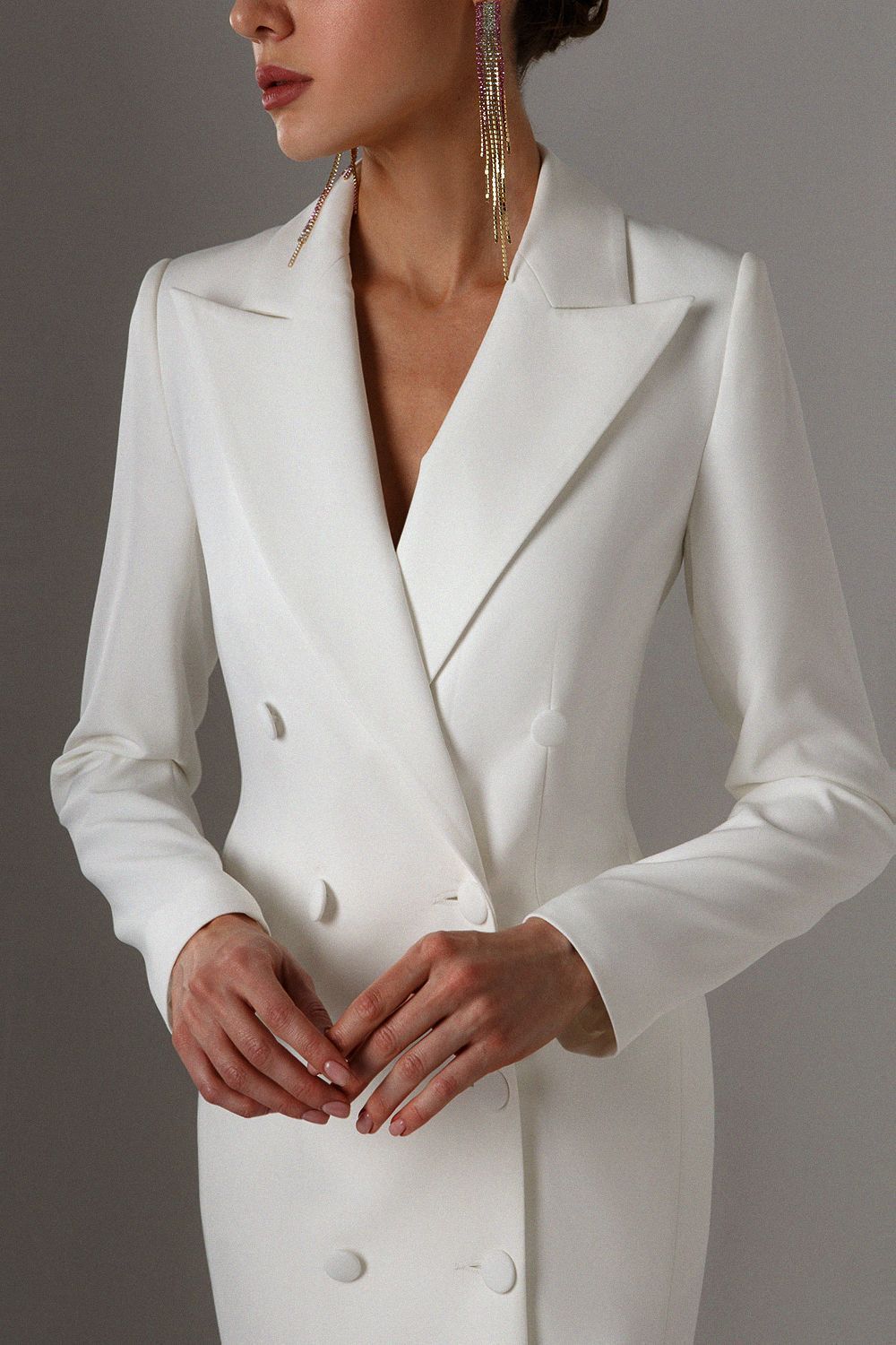 Simple White Double Breasted Mother Of The Bride Dresses Wedding Party Blazer Women Long Jacket Suits Ladies Tea Length Prom Evening Guest Formal Wear