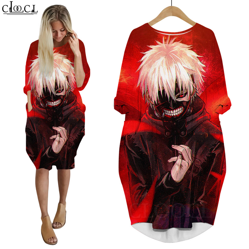 Women Dress Tokyo Ghoul Anime 3D Printed Loose Daughter Dresses Long Sleeve Harajuku Streetwear Fashion Pocket Dress W220616