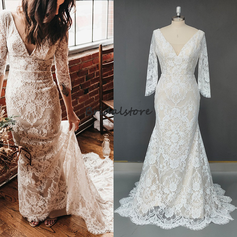 2022 Long Sleeve Lace Boho Wedding Dress Elegant Plus Size Mermaid Wedding Gowns Sexy Backless Floor Length V Neck Beach Bride Second Party Guest Rece