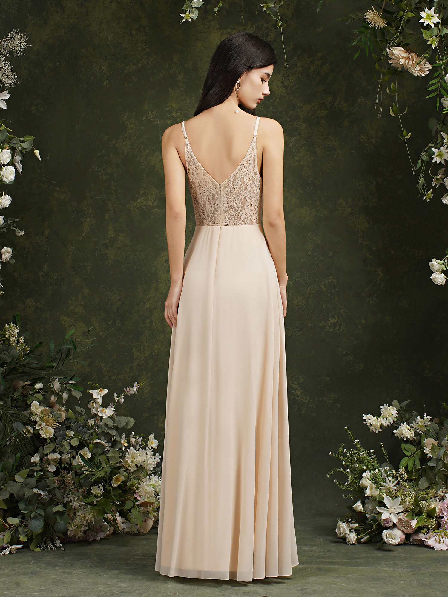 Lace Chiffon Champagne Dresses Women A-e V-Neck Sexy Spaghetti Strap Formal Evening Party Gowns Cps3015