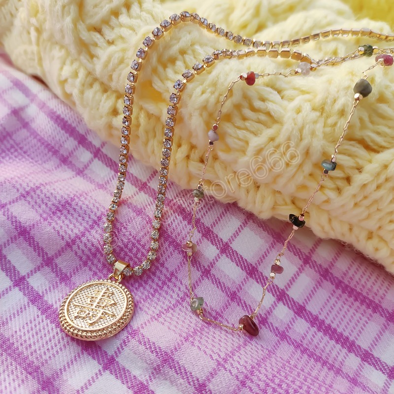 Romantic Layered Necklace Natural Stone Fine Chain Necklace for Women Fashion Rhinestone Metal Disc Text Necklaces
