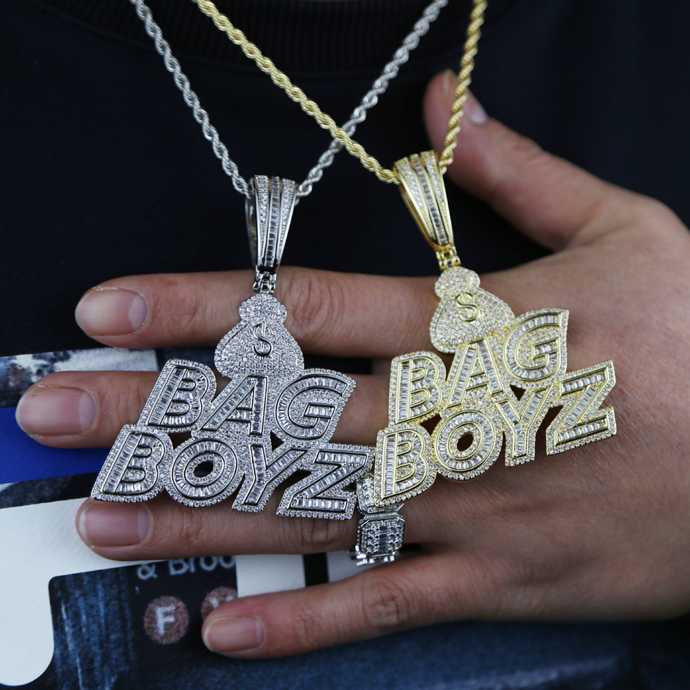 New CZ Letters Bag Boyz Pendant Necklace Iced Out Bling 5A Cubic Zircon Dollar Symbol Money Charm Fashion Hip Hop Men Jewelry