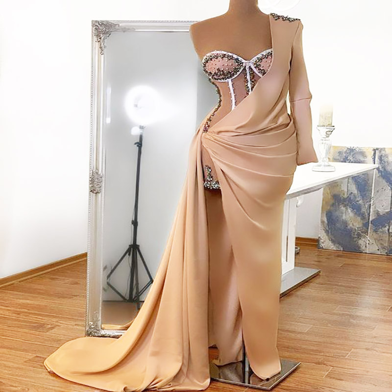 Vintage Gold Dubai Prom Dresses With One Shoulder Long Sleeve Sexy Mermaid Evening Dress Arabic Turish Formal Dinner Dance Party Gowns Robe De Soirée 