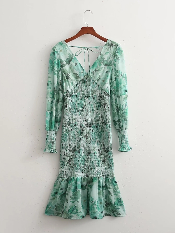 Foridol V Neck Chiffon Bodycon Midi Green Dress Women Long Sleeve Transparent Elegant Ruffles Summer Long Dress Drop 220511