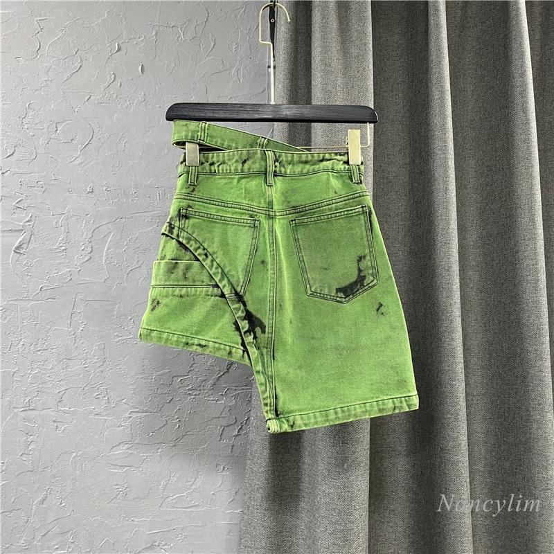 Skirts 2022 Summer European Style Green Denim Women Fashion Double Personalized Waist Asymmetric Mini Skirt GF103Skirts