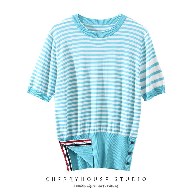 Women's T-Shirt Striped Ice Silk Knitted Four-bar Top Is Slim And Fresh Simple All-match Short ThinWomen's, Blue
Women's T-Shirt Striped Ice Silk Knitted Four-bar Top Is Slim And Fresh Simple All-match Short ThinWomen's, Blue