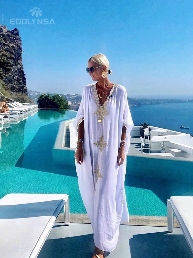 Elegant Gold Embroidered Kaftan Retro V-neck White Dress Plus Size Women Clothes Summer Beach Wear Swim Maxi Dresses N1373 220414
