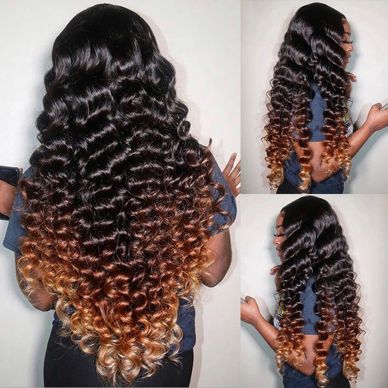 Brazilian Human Hair 13X4 Lace Front Wig 1B/4/30 Ombre Three Tone Color Peruvian Malaysian Indian Loose Deep 150% 180% 210% Density