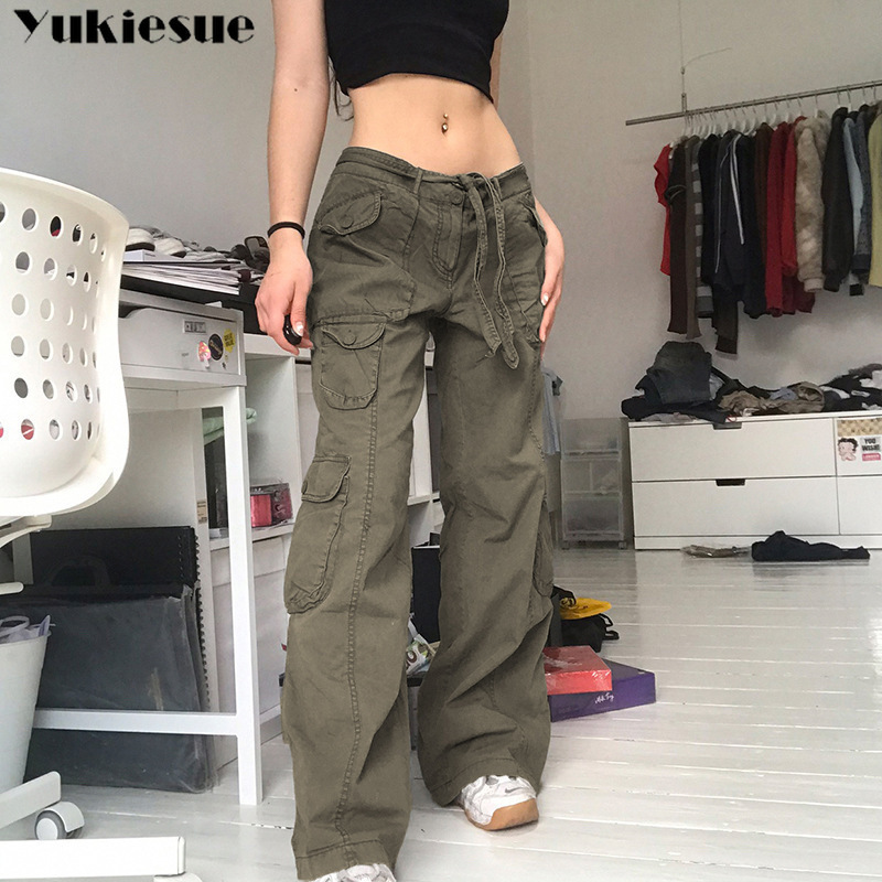 Retro gray overalls wide leg cargo women pant's trousers sexy low waist loose casual vintage streetwear 220325