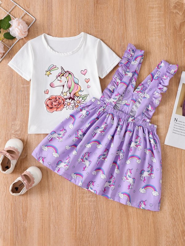Toddler Girls Floral & Unicorn Print Tee & Ruffle Trim Pinafore Skirt SHE