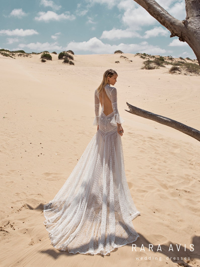 Vintage Corchet Cotton Lace Mermaid Wedding Dresses 2022 High Neck Long Sleeve Hippie Beach Bohemian Bridal Dress Robes