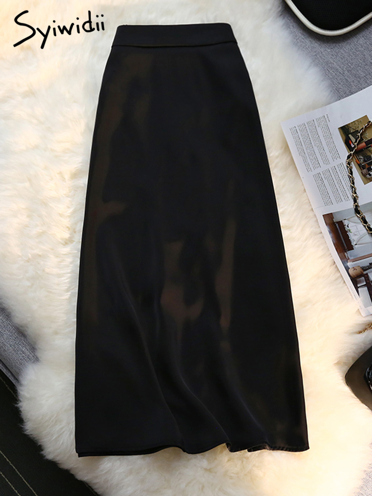 Syiwidii Silk Satin Long Skirts for Women 4 Seasons Elegant Female Midi A Line Skirt Side Zipper Back Elastic Band Fashion Skirt 220701