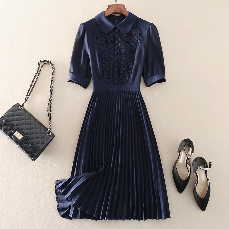 Vintage Embroidered Pleated Dress Women Summer Chic Sweet Short Sleeve Midi Party Elegant Slim Waist A Line es 220613
