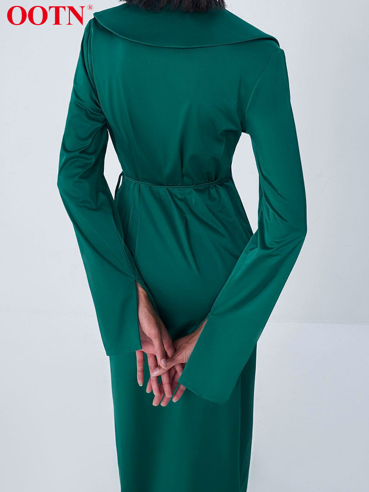 OOTN V-Neck Satin Wrap Elegant Long Dress Women Fashion Green Summer A-Line Mid-Cal Dresses Split Sexy Dress Office Lady 220511