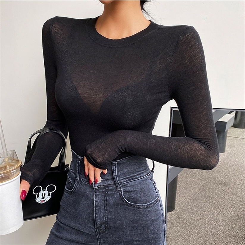 Basic Cotton Summer T Shirt Women Long Sleeves Tee High Elasticity Breathable Sexy Thin T-shirt see through Female Top 220328