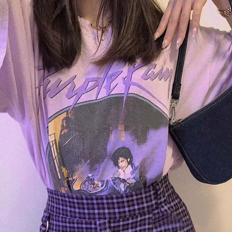Kuakuayu HJN Purple Rain Vintage Graphic Tee Female Short Sleeve Chic Printed Tops Summer Cotton Loose Casual T Shirt 220328