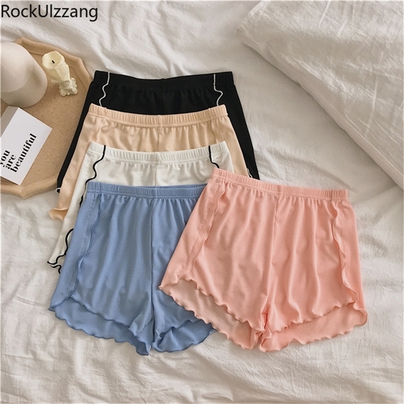 Sexy Elastic High Waist Ruffles Skinny Hot Short Sleep Home Night Lingerie Safety Pant Summer Women Sleepwear Lolita Cute Knit T200602