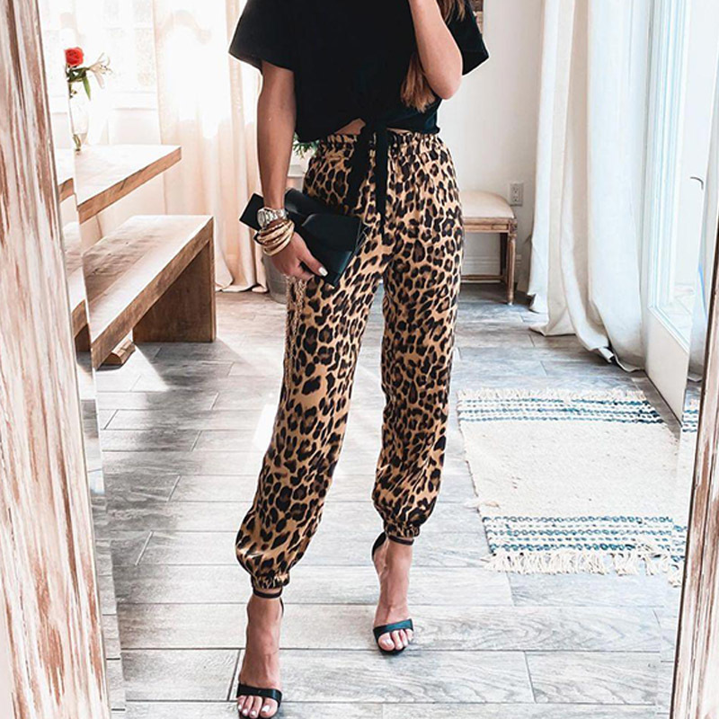 Fashion Spring Leopard Printed Street Long Pants Summer Solid Satin Trouser Retro Elastic Mid-Waist Slim Sweatpants 220325