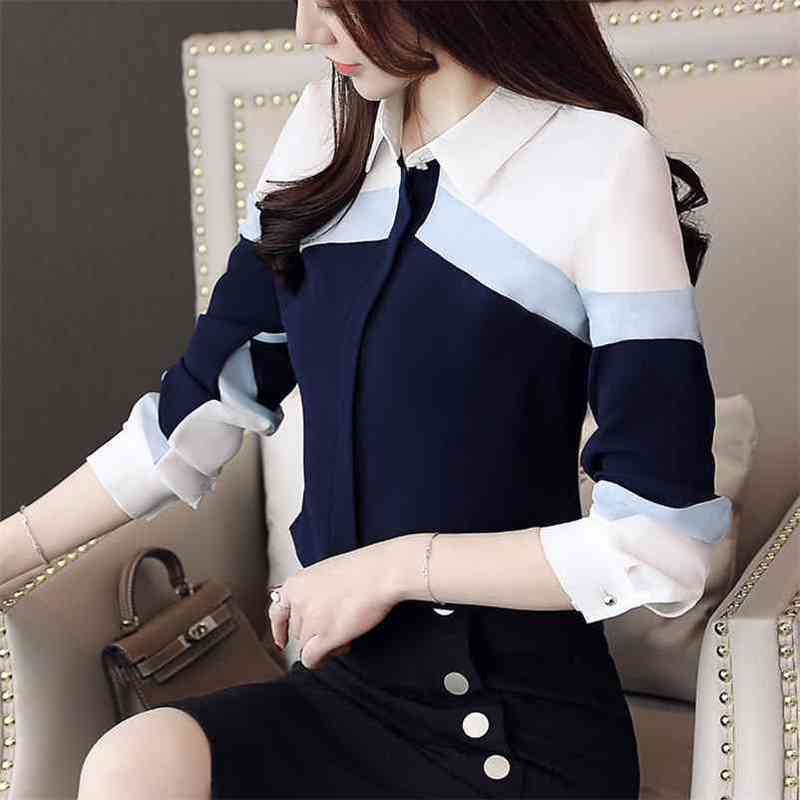 womens tops and blouses chiffon blouse shirts women tops long sleeve ladies tops button spliced office lady plus size 210401