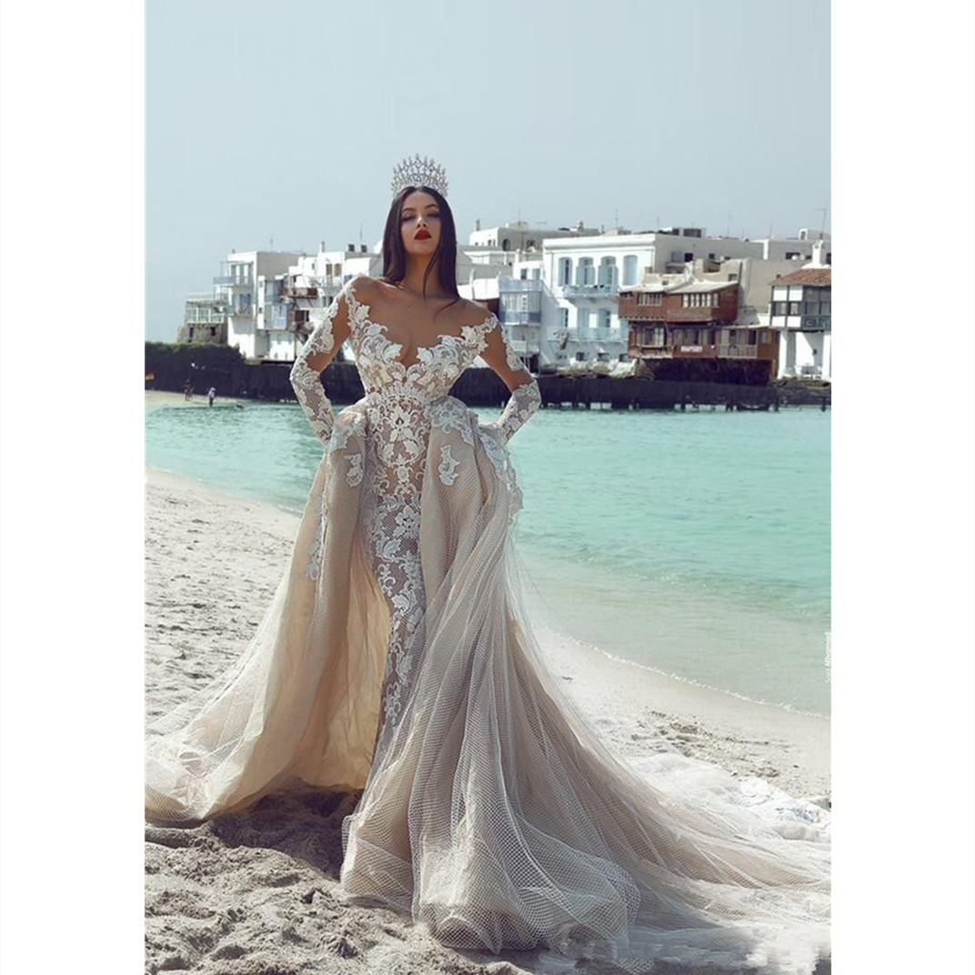 Fashion Mermaid Wedding Dress Long Sleeves V Neck Off Shoulder Appliques Sequins Detachable Train Illusion Custom Made Ruffles Bridal or Length