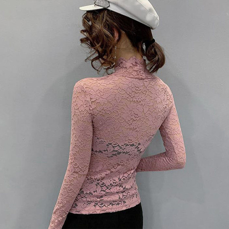 Lace Turtleneck Long Sleeve T-Shirt Female Thin Black See Through Rose Solid Blouses Tulle Gauze Fall Clothes Tops Women 220516