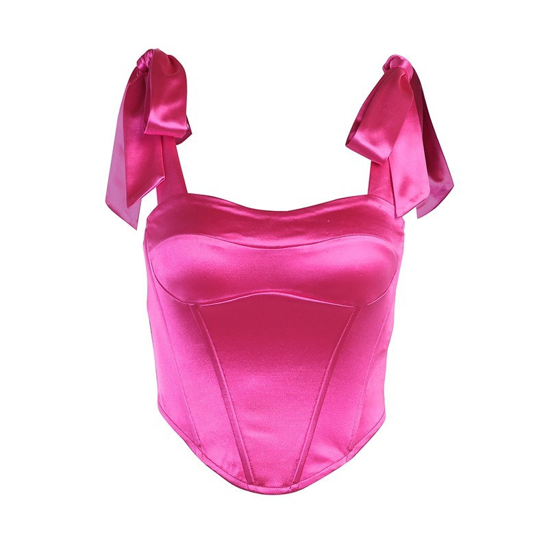 Rose Red Satin Fashion Tie Up Strap Sexy Backless Crop Tops for Women Sleeveless Club Party Boned Corset Tube Top Elegant 220316