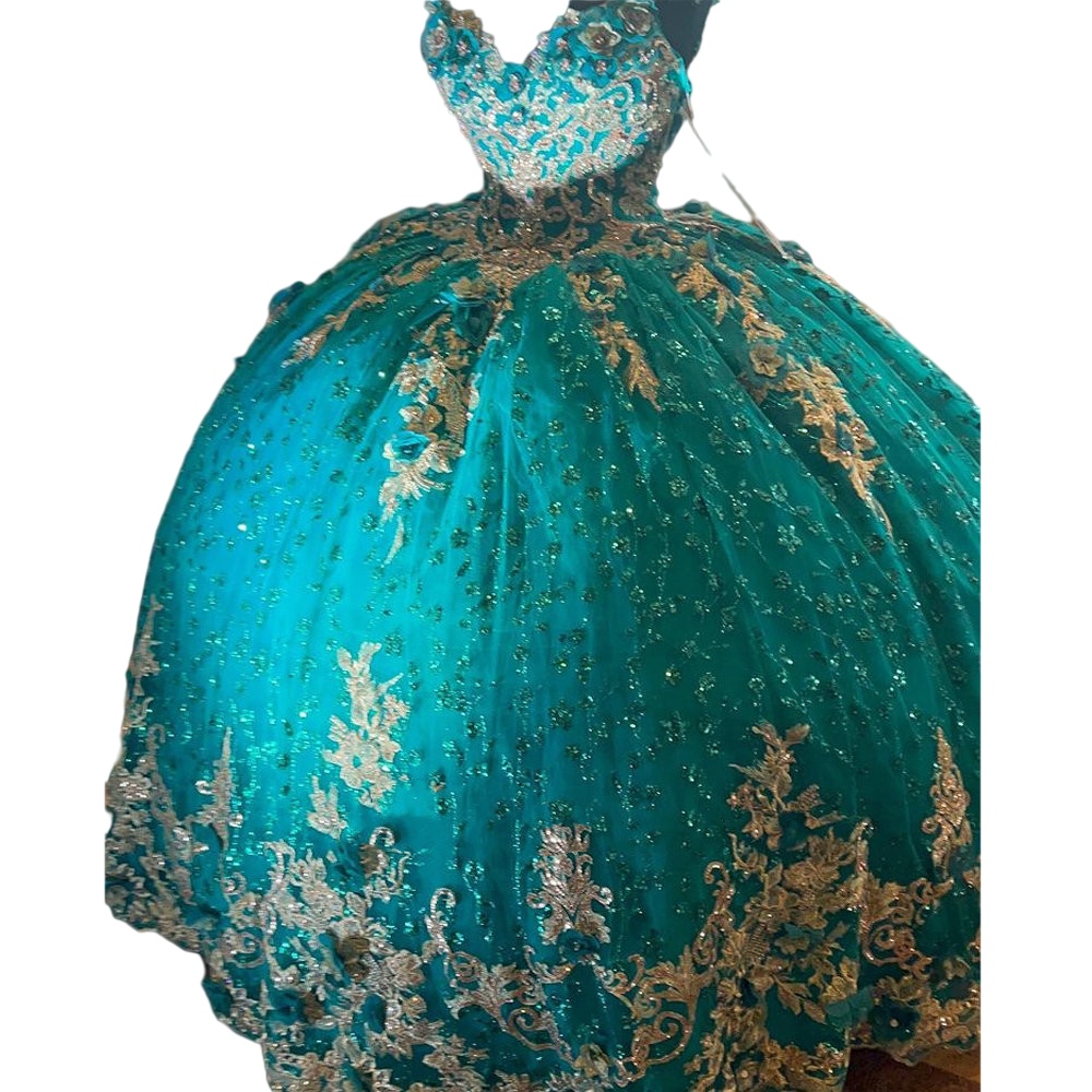 Hunter Green Sparkly Crystal Sequined Quinceanera Dresses With Gold Appliques Lace-up Corset prom Sweet 15 Girls gown