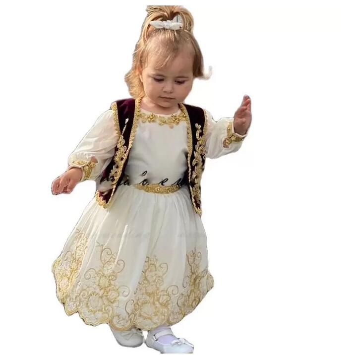 Kosovo and Albanian Traditional Flower Girl Dress With Jacket Long Sleeves Gold Appliques Girl Wedding Party Dress Prom Wear