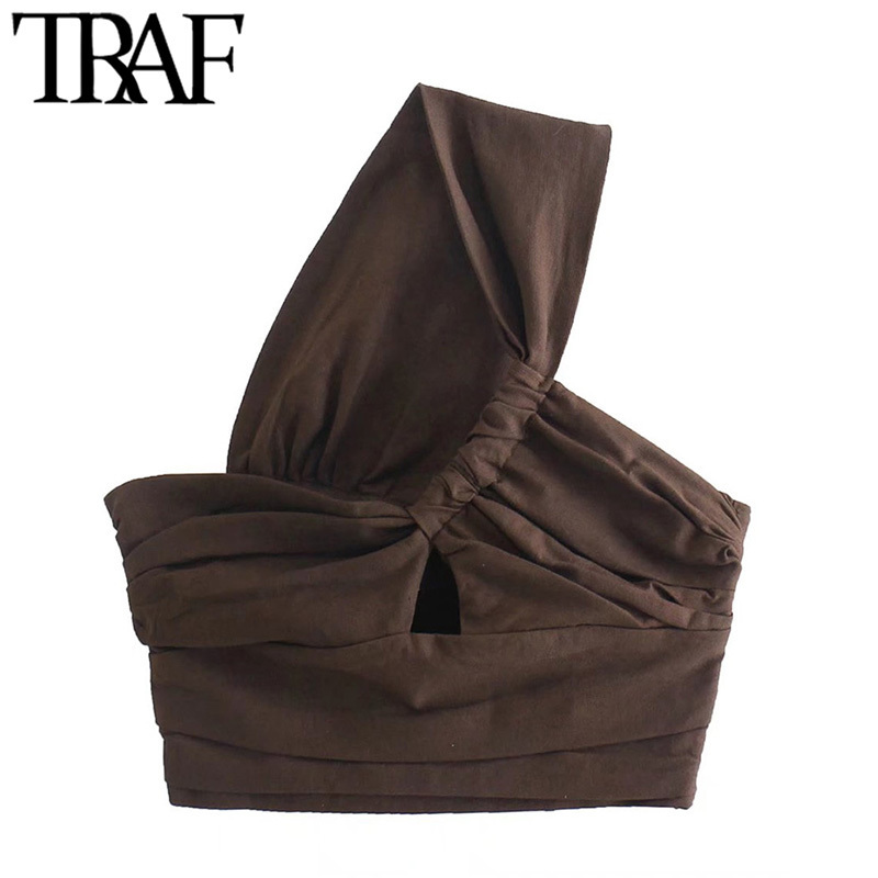 TRAF Women Sexy Fashion Pleated Asymmetry Linen Crop Tank Tops Vintage One Shoulder Side Zipper Female Camis Mujer 220325
