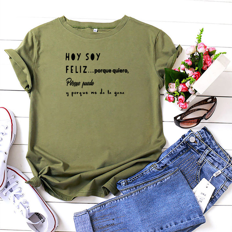 Hoy Soy Feliz Funny T Shirts Women Short Sleeve O-neck Cotton Harajuku Tee Shirt Femme Casual Tshirt Loose Camiseta Mujer 220321