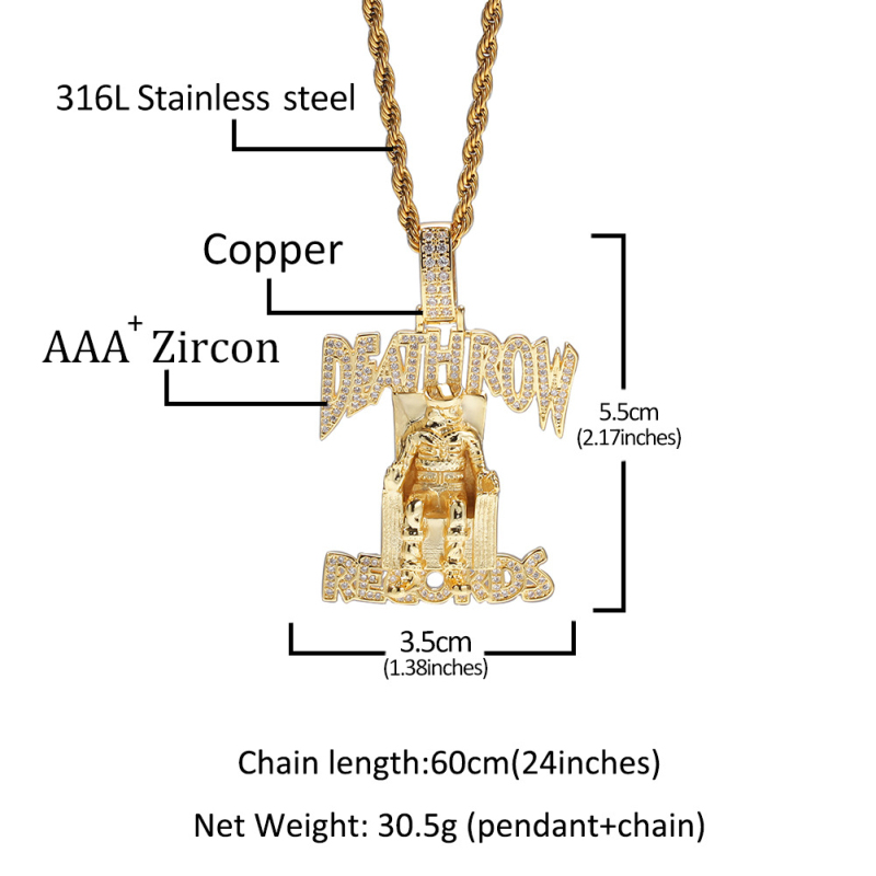Fashion Hip Hop Rock Style CZ DEATHROW Pendant Necklace Gold Stainless Steel Chain Necklace for Cool Men