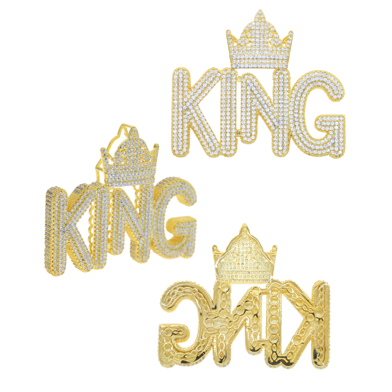 Men's Iced Out Bg Hip Hop Crown Shape King Letters Pendant Necklace with Rope Chain