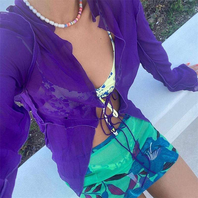 Women's Blouses & Shirts Women Tie Dye Print Open Front Tie-Up Tops Long Sleeve Ruffle Cardigan Woman Summer Casual Sheer Chiffon Blou