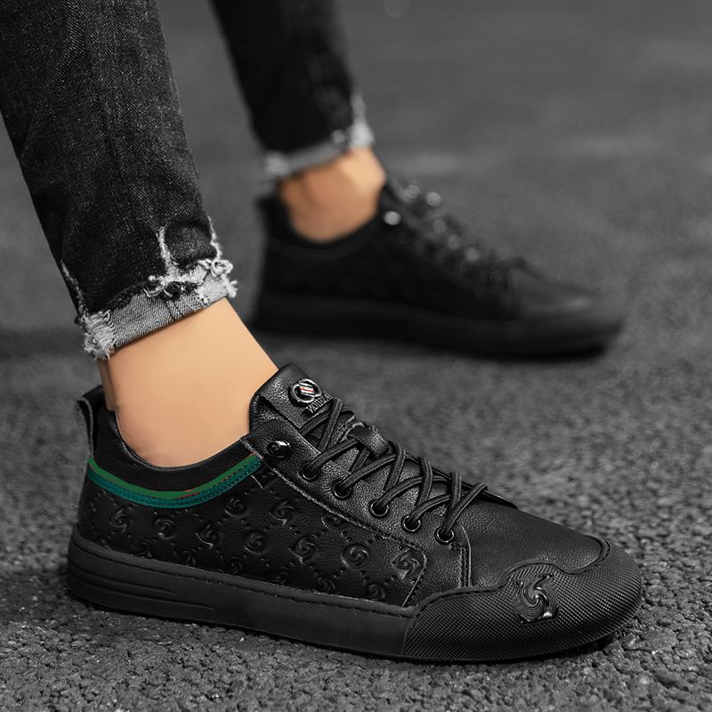 New Sneakers Men Shoes PU Leather Solid Color Trendy Fashion Printing Lace-up Flat Daily Youth Classic Wild Model HM321