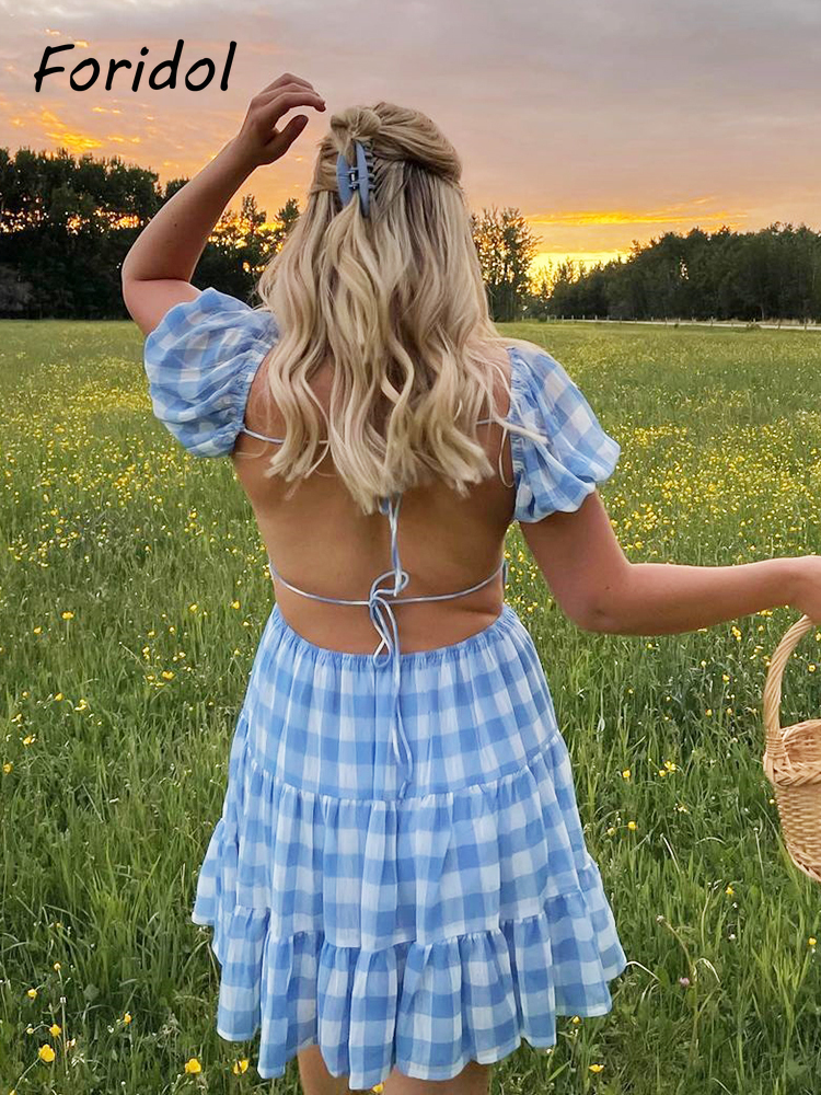 Foridol Lace Up Backless Gingham Chiffon Summer Dress Vintage A-line Puff Sleeve Plaid Short Dress Chic Blue Holiday Dress 220511