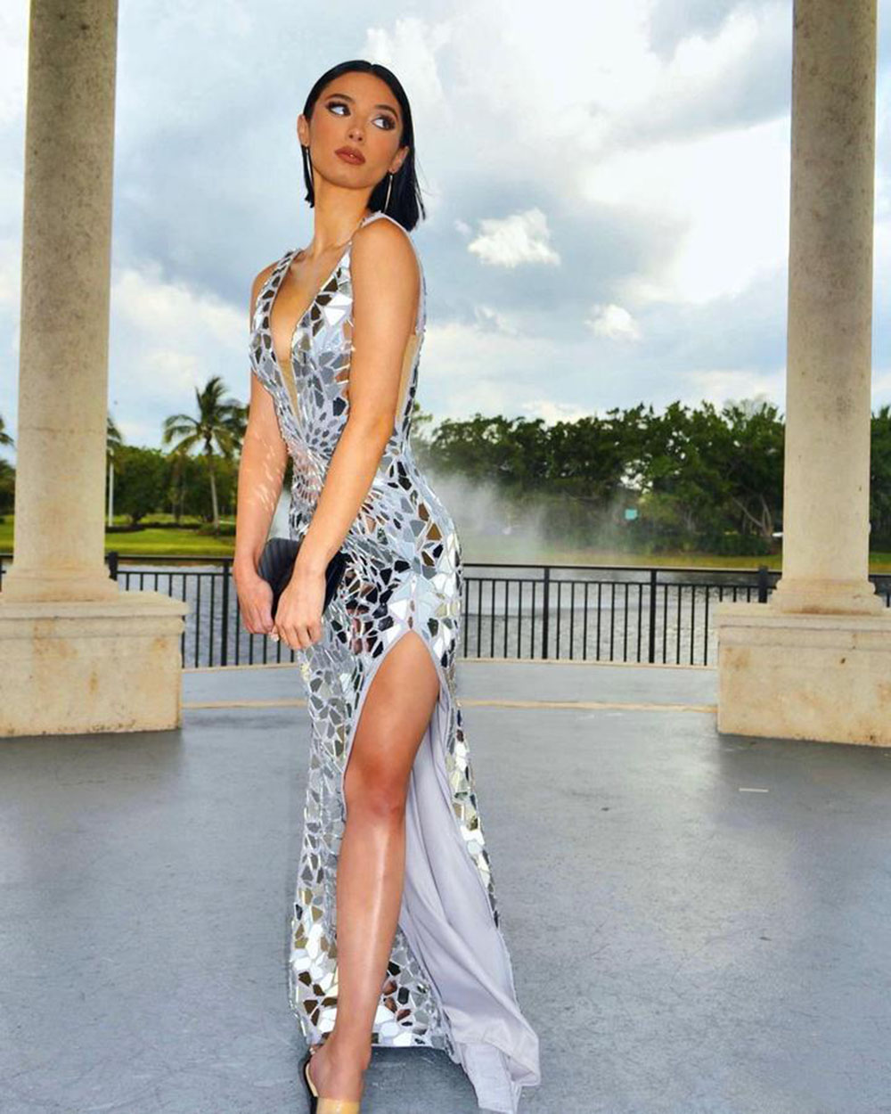 Deep-V-neck Formal Evening Dresses Sexy Long Mirror Stone Sequins Prom Dress High Split Mermaid prom Reception Gowns