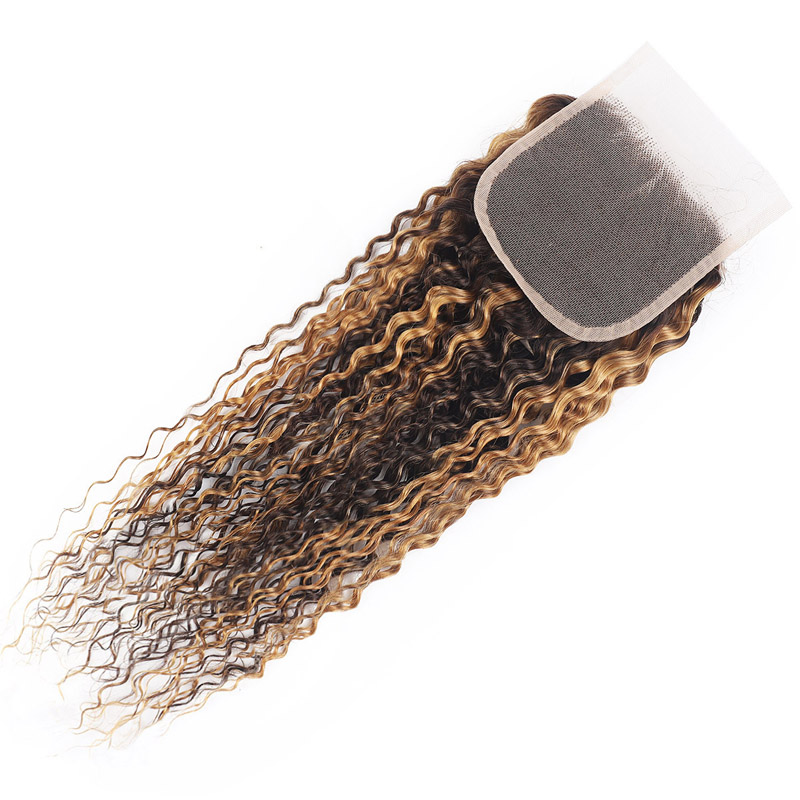 Brazilian Human Hair P4/27 Piano Color Kinky Curly Double Wefts With 4X4 Lace Closure 5 Pcs/lot Yirubeauty