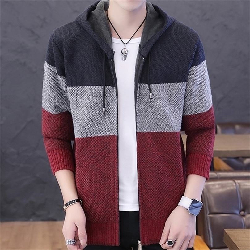 

brand Sweater Coat Men's Sweater Male Jacket Thick Warm Hooded Sweaters Knitwear Striped Warm Sweatercoat Cardigans Men Clothing 201202, Light blue