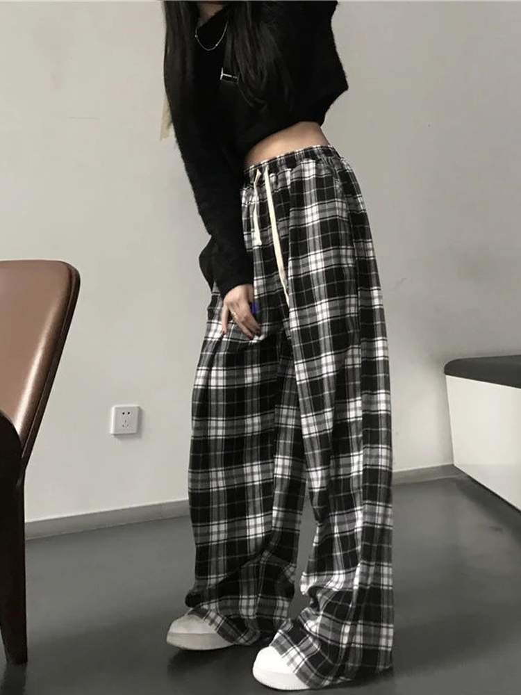 HOUZHOU Harajuku Oversize Plaid Pant Korean Fashion Black White Checked Trousers For Female Fall Wide Leg Sweatpants 220325
