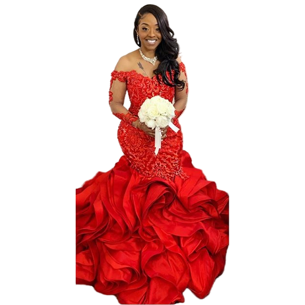 Luxury Red Ruffles Mermaid Evening Dresses Off The Shoulder Long Sleeve Lace Appliqued Long African Bridal Reception Gowns Back Corset Satin Formal Ev