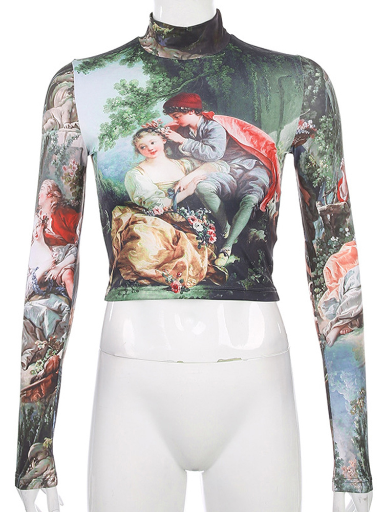 ArtSu Print Turtle Neck Tshirt Women Basic Long Sleeve Crop T Shirt Ladies Streetwear Vintage Harajuku Tee Femme Clothes 220321