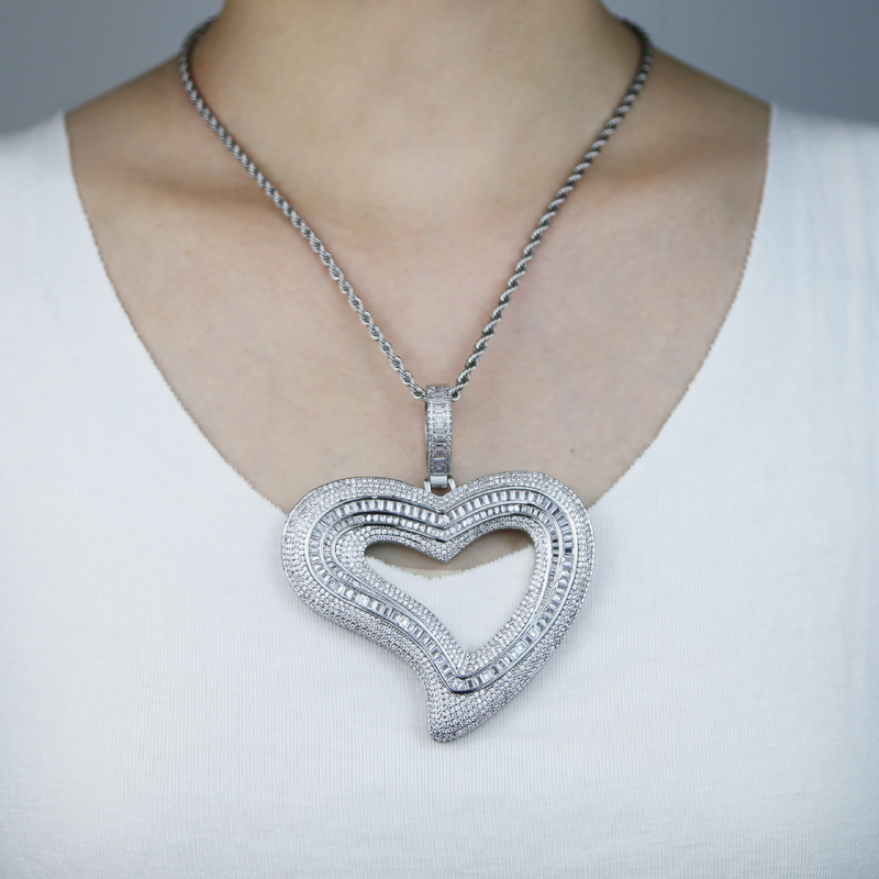 Iced Out Bling 5A CZ Big Hollow Heart Pendant Necklace Micro Pave Baguette Cubic Zirconia Tennis Chain HipHop Women Men Jewelry