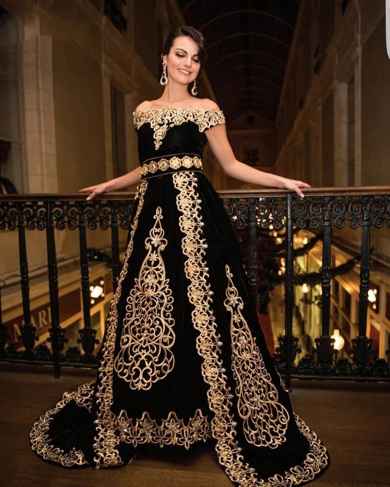 Black Velvet Moroccan Caftan Evening Dresses With Cloak cape gold lace Embroidery Crystal Prom Gowns karakou algerien