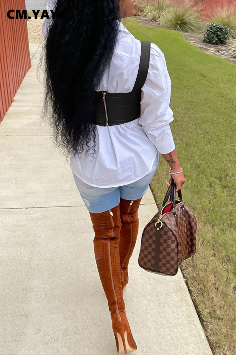 CM.YAYA Women Solid Sleeveless Faux Leather PU Tank Tops Fashion Tunic Crop 220316