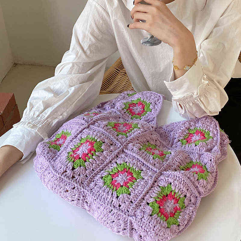 Bohemian Floral Knitted Women Shoulder Bags Crochet Woven Lady Handbags Causal Summer Beach Bag Braid Big Shopper Purses 2022 220705
