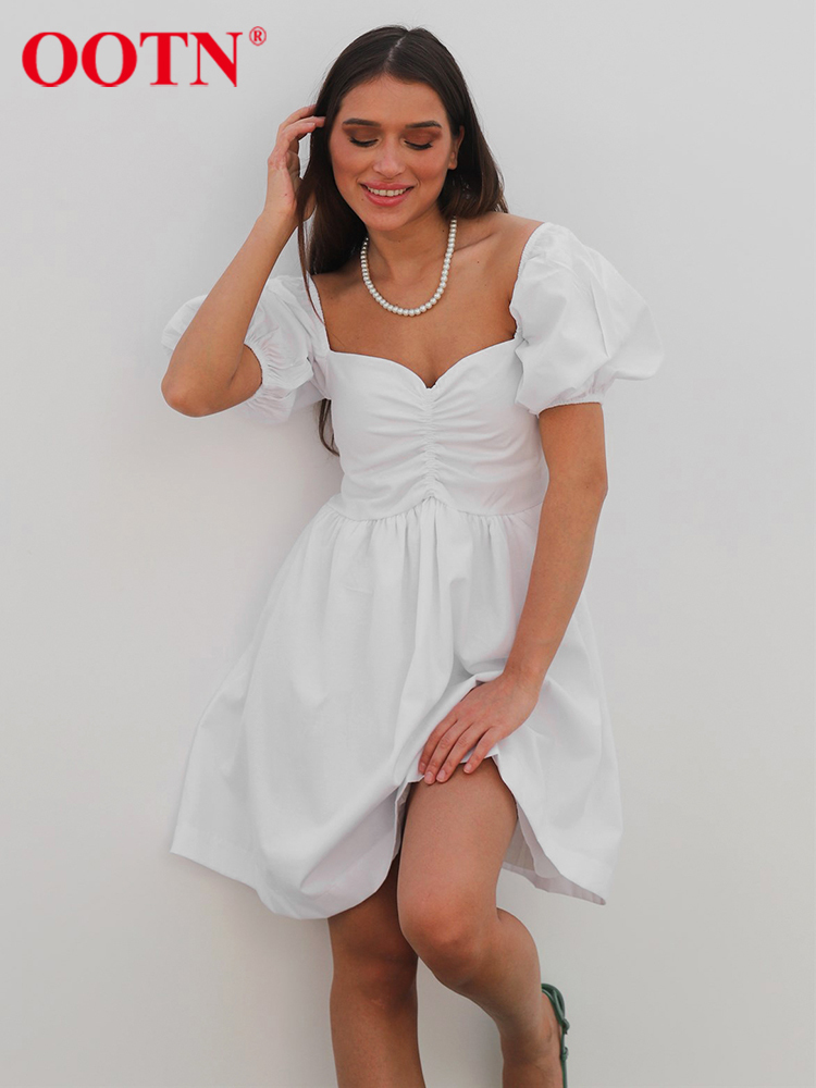 OOTN White Sweet Dress Summer Square Neck A-Line Elegant Women Dress Puff Sleeve Ruched Casual Mini Dress Lady Lovely Loose 220511