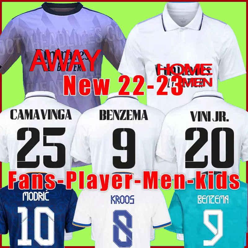 

BENZEMA Soccer Jerseys 22 23 football shirt VINI JR CAMAVINGA ALABA HAZARD ASENSIO MODRIC KROOS VALVERDE camiseta men kids kit 2022 2023 fans player uniforms, 22/23 away+patch