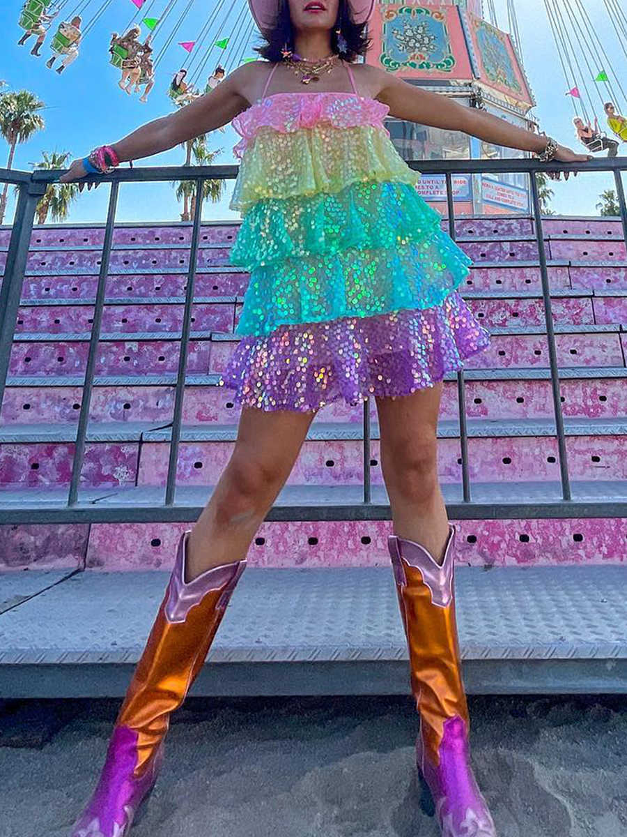 Colorful Shiny Sequins Layered Ruffles Dress Summer Street Style Women Spaghetti Strap Party Club Mini Tiered Dress, Multi
Colorful Shiny Sequins Layered Ruffles Dress Summer Street Style Women Spaghetti Strap Party Club Mini Tiered Dress, Multi
