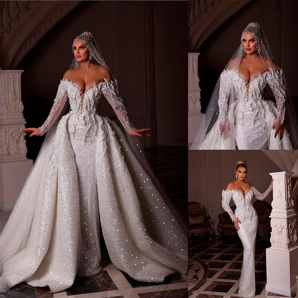 Sequined Pearl Mermaid Gowns Detachable Train Off Shoulder Dress Custom Made Long Sleeve Mariee Marriage Wedding Gown